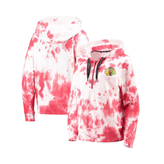 Women's Red and White Chicago Blackhawks Dakota Tie-Dye Oversized Half-Zip Hoodie
