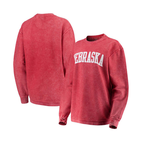 Women's Scarlet Nebraska Huskers Comfy Cord Vintage-Like Wash Basic Arch Pullover Sweatshirt