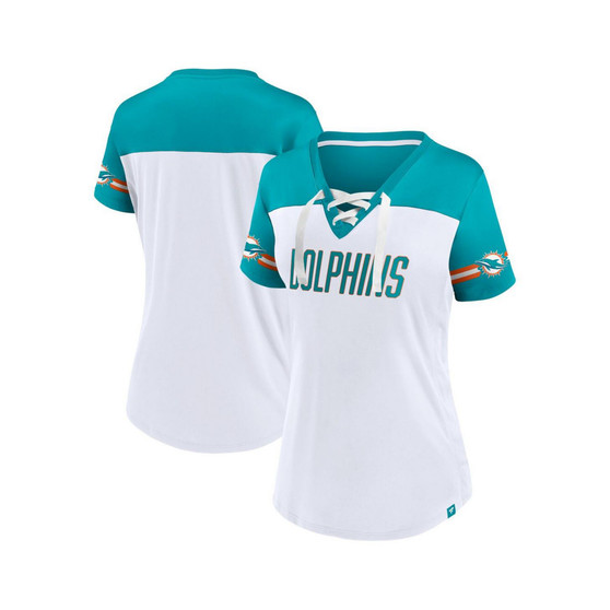 Women's Branded White Miami Dolphins Dueling Slant V-Neck Lace-Up T-shirt