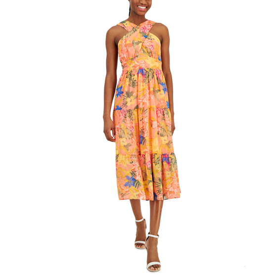 Women's Floral-Print Crossover-Neck Midi Dress