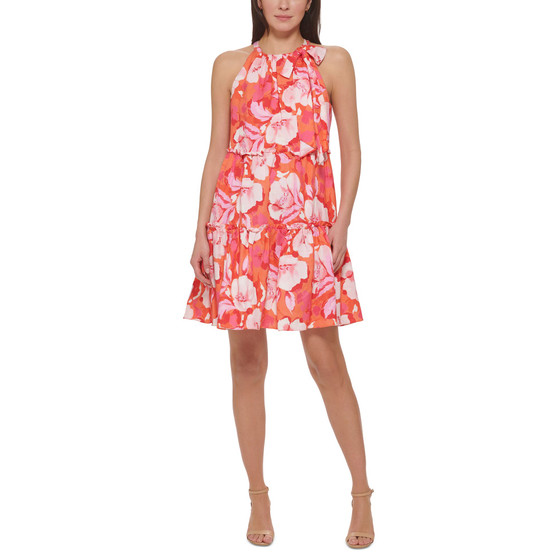 Women's Floral-Print Bow-Neck Ruffled Tiered Trapeze Dress