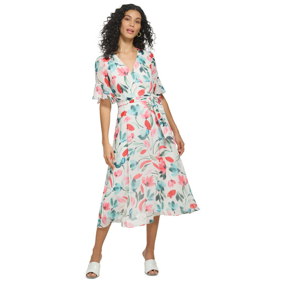 Petite Printed-Chiffon Short-Sleeve Midi Dress