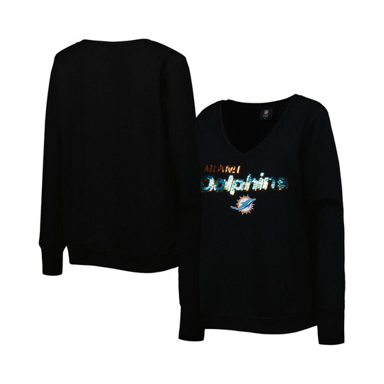 Women's Black Miami Dolphins Sequin Logo V-Neck Pullover Sweatshirt