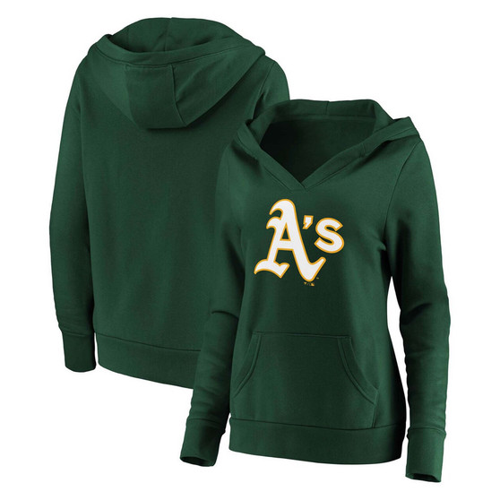 Women's Green Oakland Athletics Official Logo Crossover V-Neck Pullover Hoodie