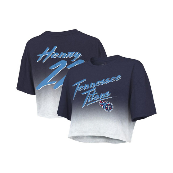 Women's Threads Derrick Henry Navy, White Tennessee Titans Drip-Dye Player Name and Number Tri-Blend Crop T-shirt