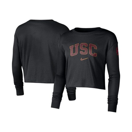 Women's Black USC Trojans 2-Hit Cropped Long Sleeve Logo T-shirt