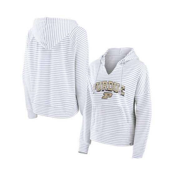 Women's Branded  White Purdue Boilermakers Striped Notch Neck Pullover Hoodie