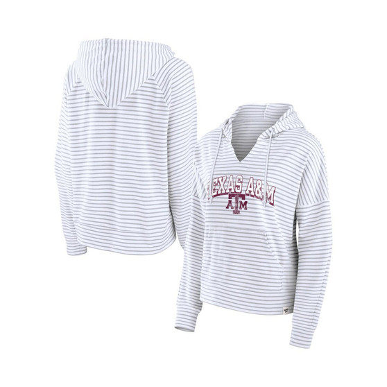 Women's Branded White Texas A&M Aggies Striped Notch Neck Pullover Hoodie