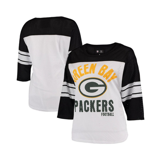 Women's White and Black Green Bay Packers First Team Three-Quarter Sleeve Mesh T-shirt