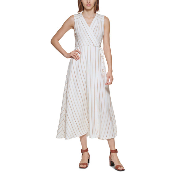 Women's Striped V-Neck Faux-Wrap Dress