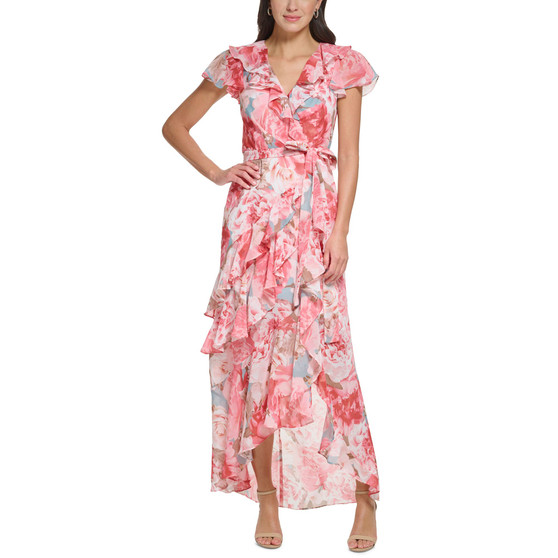Women's Floral-Print Chiffon Asymmetrical-Ruffled Faux-Wrap Maxi Dress