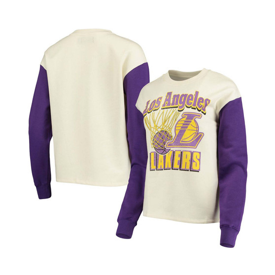 Women's White, Purple Los Angeles Lakers Contrast Sleeve Pullover Sweatshirt