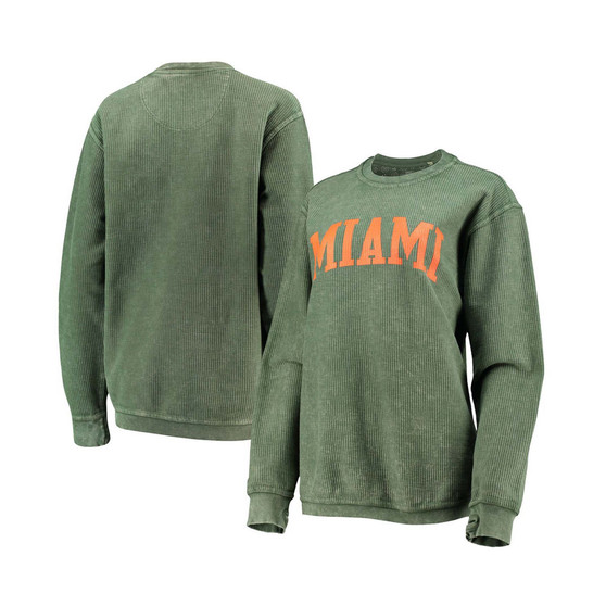 Women's Green Miami Hurricanes Comfy Cord Vintage-Like Wash Basic Arch Pullover Sweatshirt