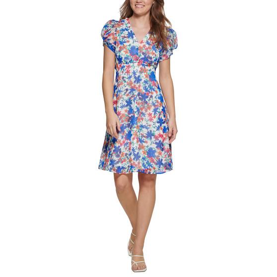Petite Printed Puff-Sleeve Chiffon Dress