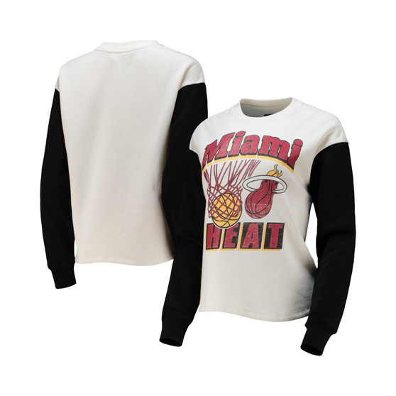 Women's White and Black Miami Heat Contrast Sleeve Pullover Sweatshirt
