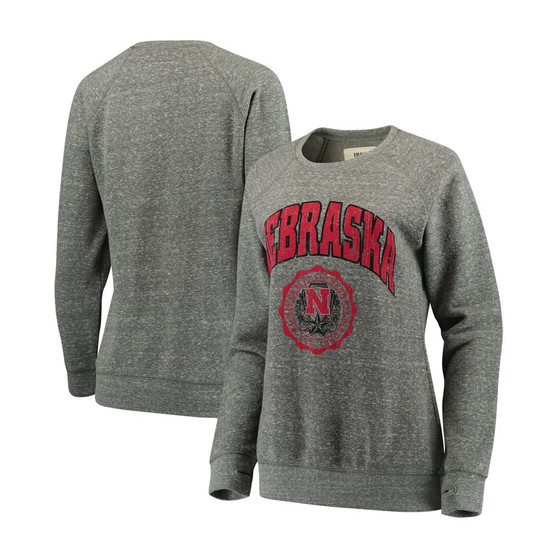 Women's Heathered Gray Nebraska Huskers Edith Vintage-Like Knobi Pullover Sweatshirt