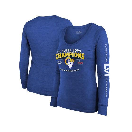 Women's Threads Heather Royal Los Angeles Rams 2-Time Super Bowl Champions Sky High Tri-Blend Long Sleeve Scoop Neck T-shirt