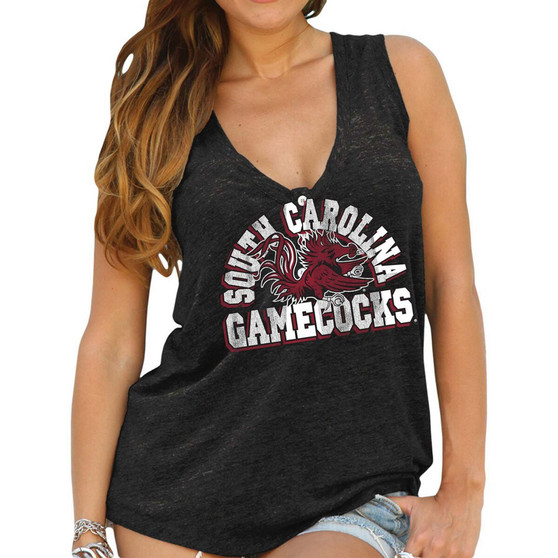 Women's South Carolina Gamecocks Heather Black Relaxed Henley Tank Top