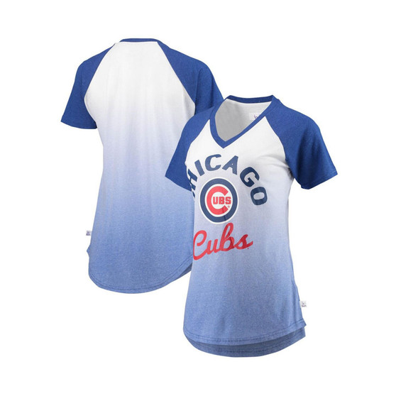 Women's Royal and White Chicago Cubs Shortstop Ombre Raglan V-Neck T-Shirt