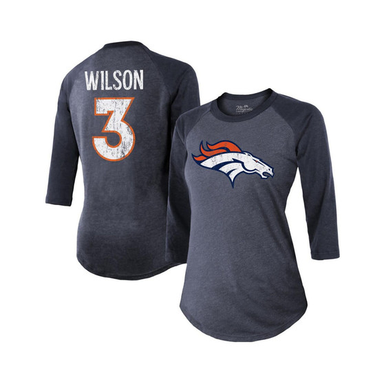 Women's Threads Russell Wilson Navy Denver Broncos Name & Number Raglan 3/4 Sleeve T-shirt