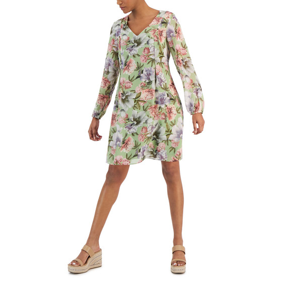 Women's Floral-Print Tie-Back Long-Sleeve Dress, Created for Macy's
