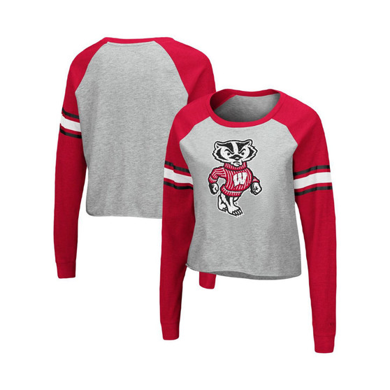 Women's Heathered Gray and Red Wisconsin Badgers Decoder Pin Raglan Long Sleeve T-shirt