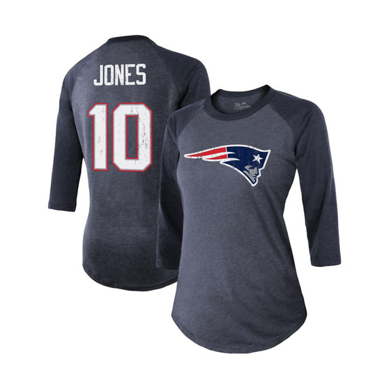 Women's Threads Mac Jones Navy New England Patriots Player Name and Number Raglan Tri-Blend 3/4-Sleeve T-shirt