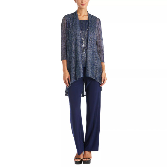 Petite 3-Pc. Metallic Jacket, Necklace Top & Pants Set