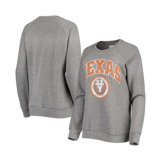 Women's Heathered Gray Texas Longhorns Distressed Edith Vintage-Like Knobi Fleece Crew Sweatshirt
