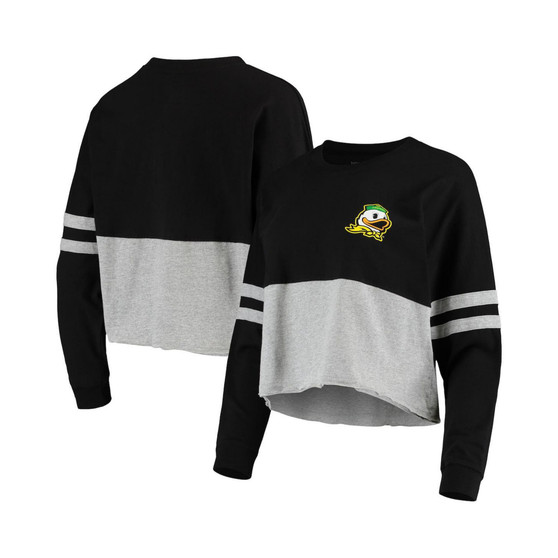 Women's Black, Heather Gray Oregon Ducks Cropped Retro Jersey Long Sleeve T-shirt
