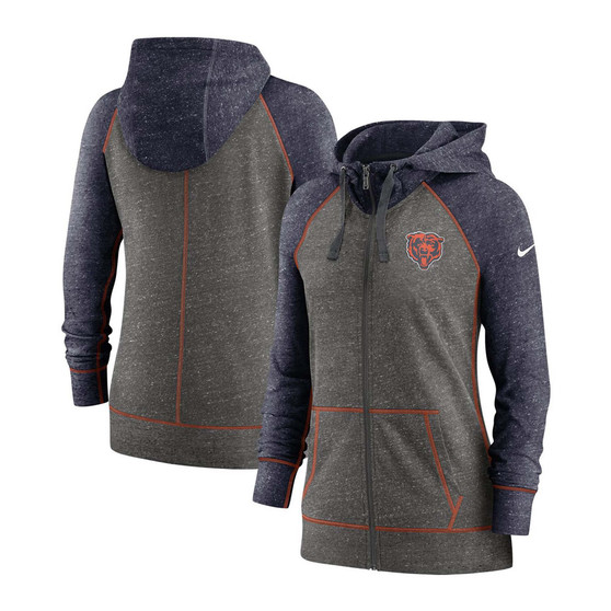 Women's Heathered Charcoal, Navy Chicago Bears Gym Vintage-Like Raglan Full-Zip Hoodie