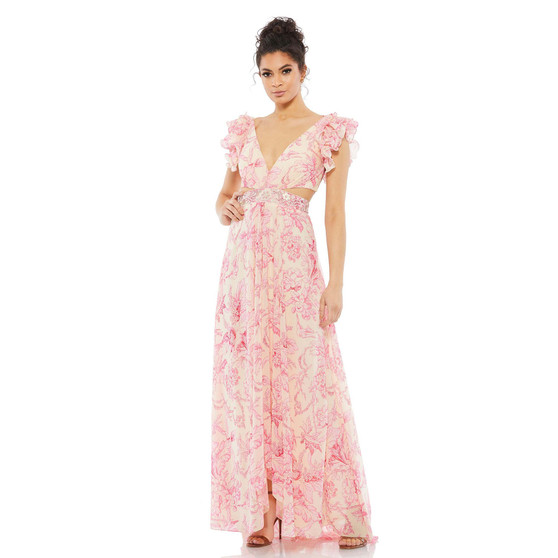 Women's Ieena Floral Printed Ruffle Shoulder Lace Up Gown