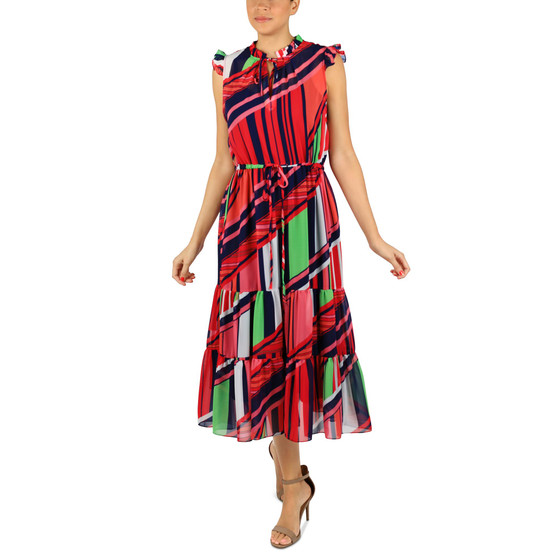Women's Printed Ruffle-Neck Tie-Waist Midi Dress