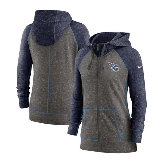 Women's Heathered Charcoal, Navy Tennessee Titans Gym Vintage-Like Raglan Full-Zip Hoodie