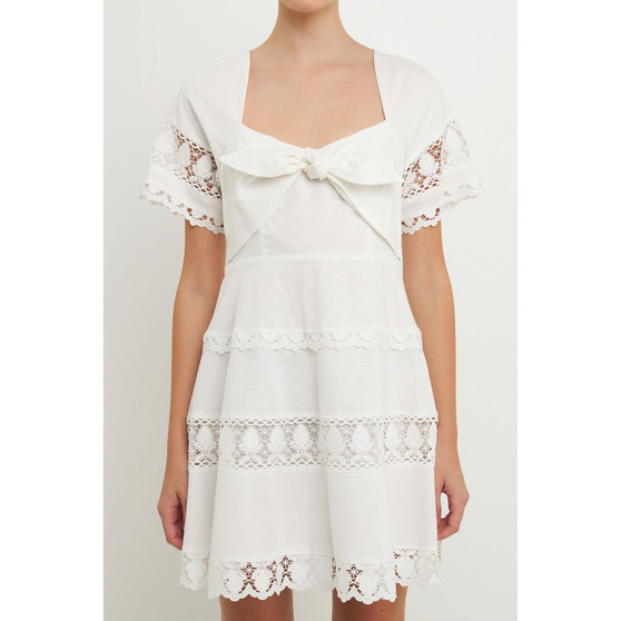 Women's Lace Trim Mini Dress with Front Bow