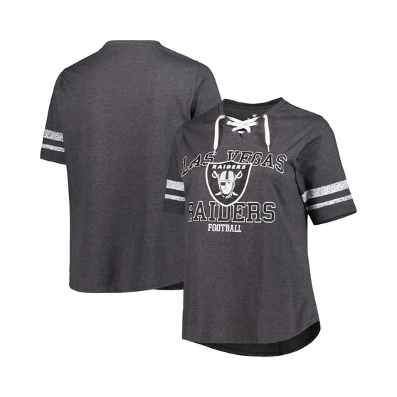 Women's Branded Heather Charcoal Las Vegas Raiders Plus Size Lace-Up V-Neck T-shirt