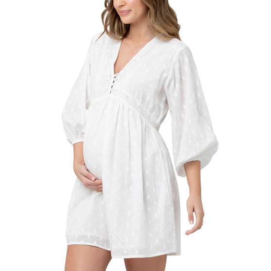 Maternity Valentina Embroidered Long Sleeve White Dress