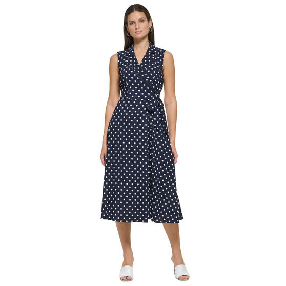 Women's V-Neck Dot-Print Sleeveless Wrap Midi Dress