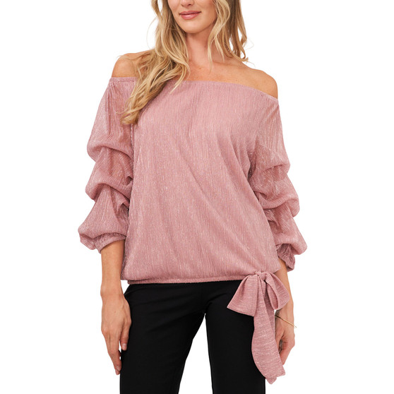Metallic Lantern-Sleeve Off-The-Shoulder Top