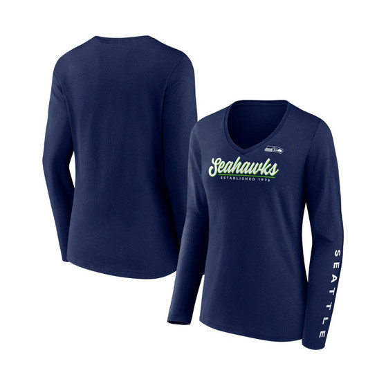 Women's Branded College Navy Seattle Seahawks Drive Forward V-Neck Long Sleeve T-shirt