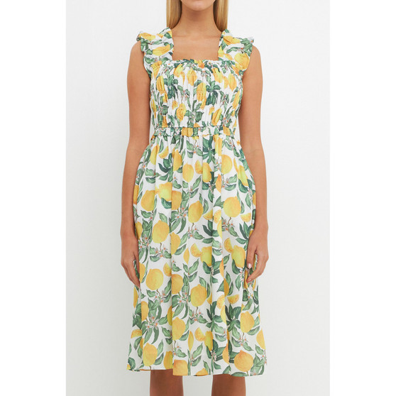 Women's Lemon Print Smocked Bodice Midi Dress