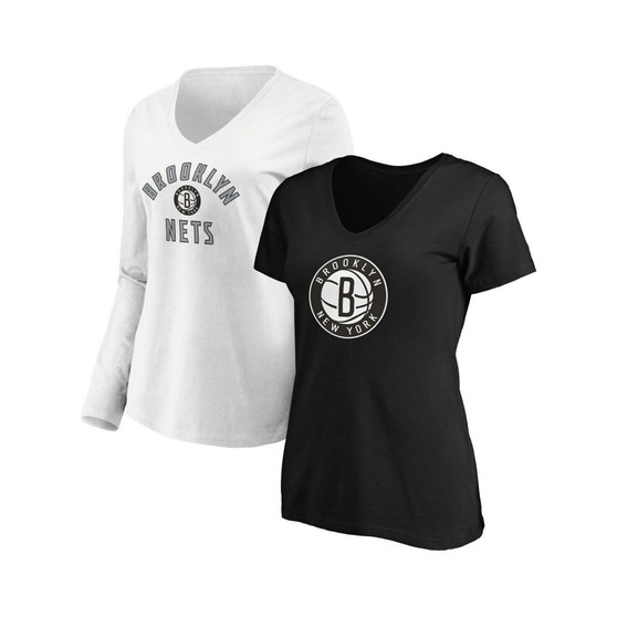 Women's Black, White Brooklyn Nets V-Neck T-shirt Combo Pack