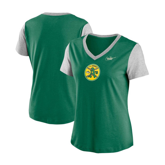 Women's Green, Gray Oakland Athletics Cooperstown Collection Logo Tri-Blend Mid V-Neck T-shirt
