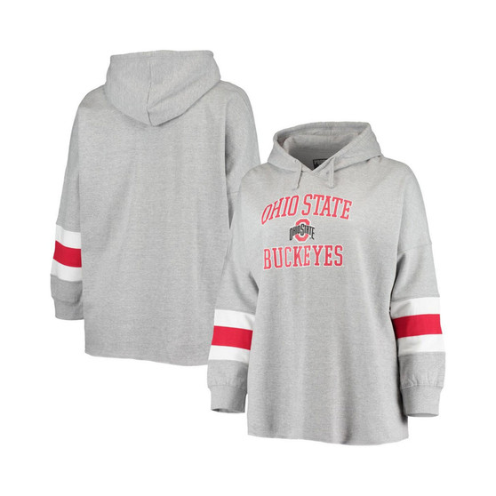 Women's Heathered Gray Ohio State Buckeyes Plus Size Sleeve Stripe Pullover Hoodie