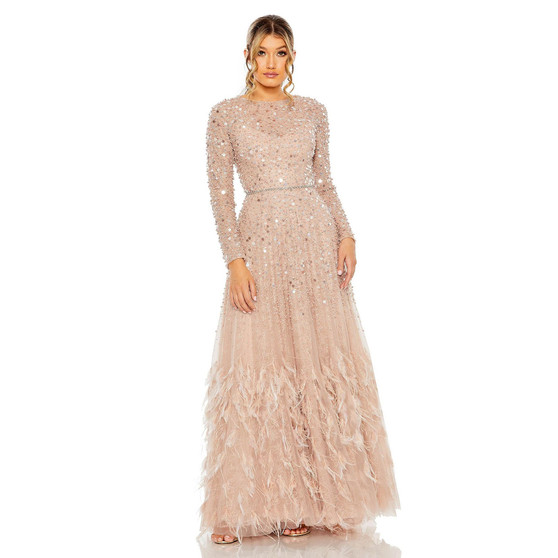 Women's Disc Embellished Sequin Gown with Feather Detail