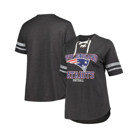 Women's Branded Heather Charcoal New England Patriots Plus Size Lace-Up V-Neck T-shirt