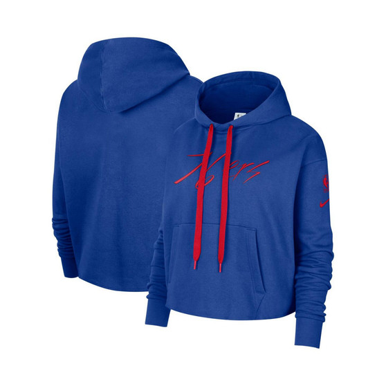 Women's Royal Philadelphia 76ers Split Flip Courtside Cropped Pullover Hoodie