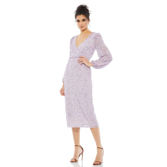 Women's Sequined Illusion Puff Sleeve V Neck Midi Dress