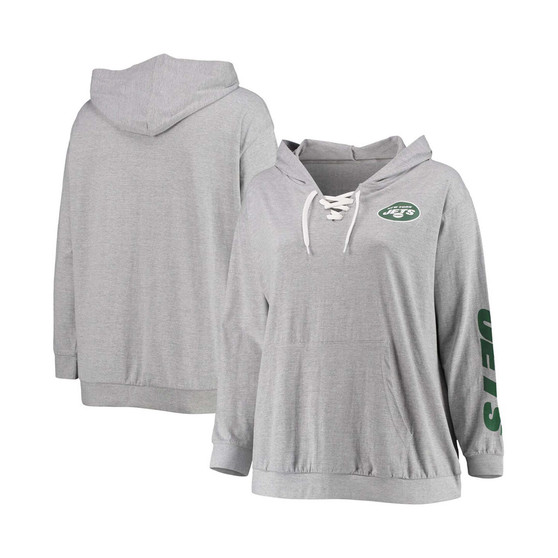Women's Plus Size Heathered Gray New York Jets Lace-Up Pullover Hoodie