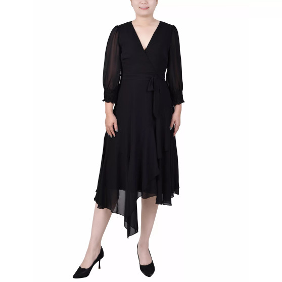 Petite 3/4 Sleeve Belted Chiffon Handkerchief Hem Dress